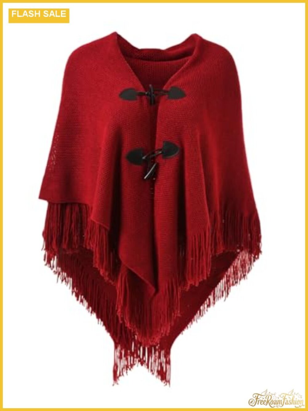 Ferand Women's Loose Fit Poncho Cape Shawl with Horn Buttons V Neckline Fringe